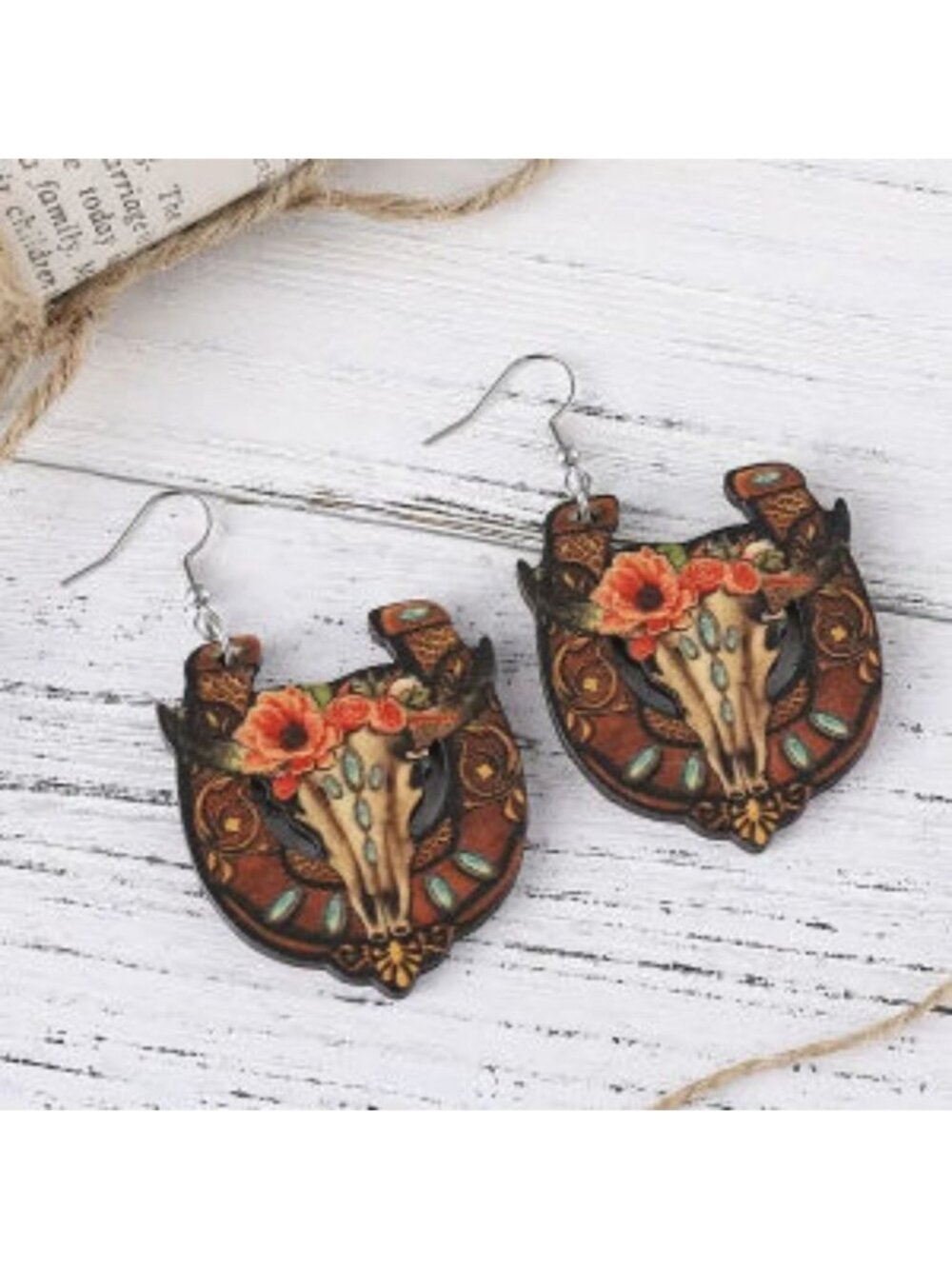 Vintage Western Ethnic Bullhead Cowboy Boots Horseshoe Dangle Earrings Wooden